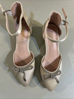 Vaneli Cream Pointed-Toe Ankle-Strap Heels with Bow and Rhinestone Trim